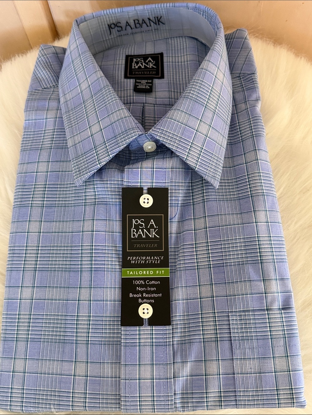 Jos. A. Bank Traveler Light Blue Plaid Tailored Fit Dress Shirt